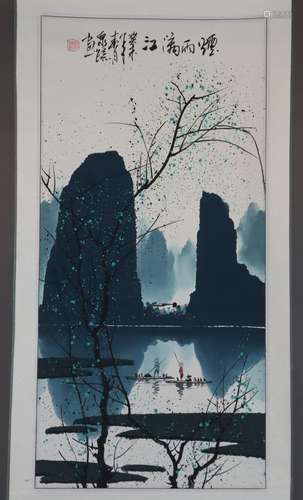 Peinture chinoise parchemin - Paysage de rivière animé avec ...