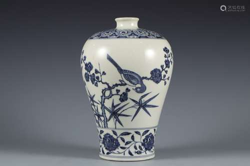 Ming Dynasty blue and white flower and bird plum vase