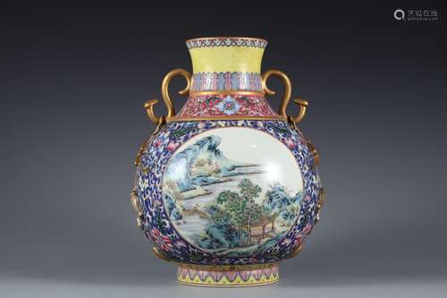 Qing Dynasty pastel windowed landscape figure double ear bot...