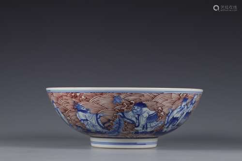 Qing Dynasty pastel blue and white eight immortals bowl