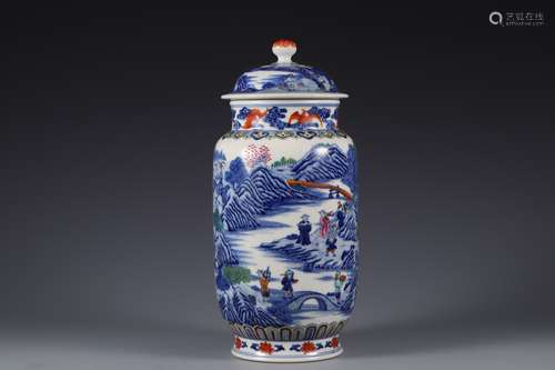 Qing Dynasty blue and white character story jar