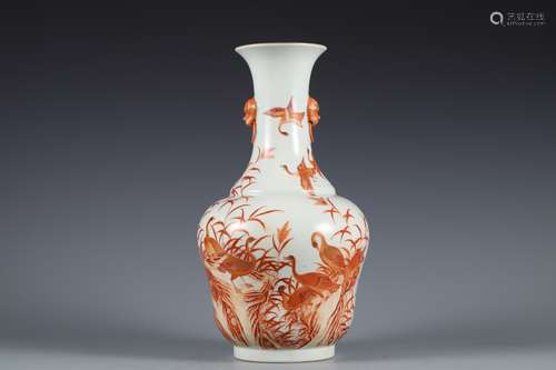 Qing Dynasty alum red flower bird pattern double ear bottle