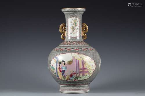 Qing Dynasty pastel double ear bottle