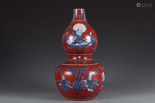 Blue and white red glazed figure story gourd bottle of Ming ...