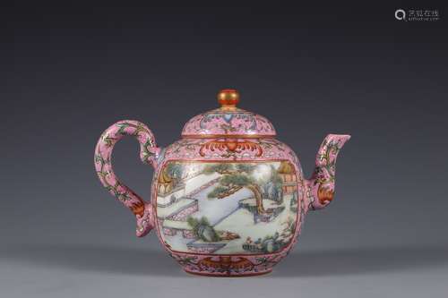 Qing Dynasty pastel scenery poetry window teapot