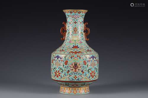 Qing Dynasty pink flower pattern double ear bottle