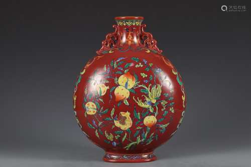 Red glazed flower and fruit double ear flat bottle in Qing D...