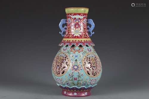 Enamel colored flower hollowed out double ear bottle in Qing...