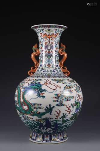 Qing Dynasty pink dragon double ear bottle