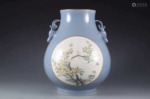 Qing Dynasty sky blue glaze pastel flowers and birds window ...