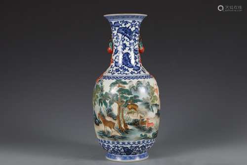 Qing Dynasty blue and white pastel deer pattern two ear bott...