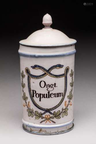 POT à PHARMACIE couvert en faïence, à décor polychrome de l'...