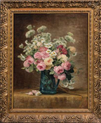 Théodore LESPINASSE (1846-1918). Roses et marguerites dans u...