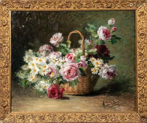 Marguerite BRUN (XIX-XX). Fleurs dans un panier. Huile sur t...