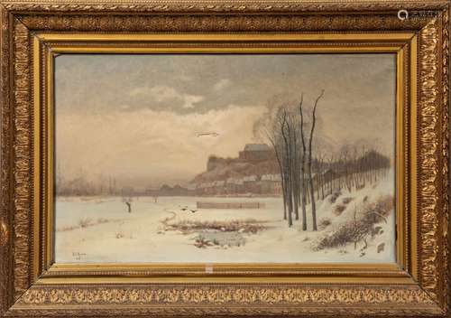 Elie ROCHET (1844-1906). Village sous la neige, 1891. Huile ...