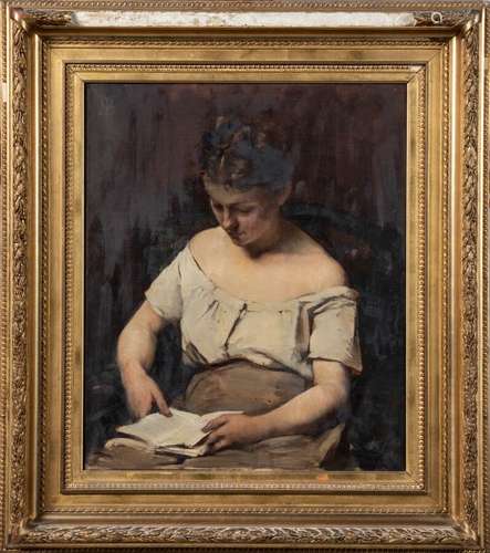 École française fin XIXe siècle. Femme lisant. Huile sur toi...