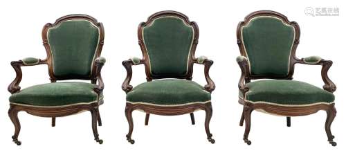 Set three Victorian rosewood drawing room open armchairs