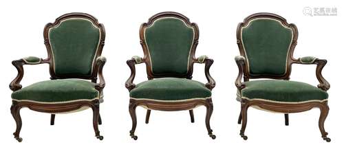 Set three Victorian rosewood drawing room open armchairs