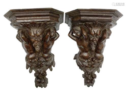 Pair 19th century carved oak wall brackets