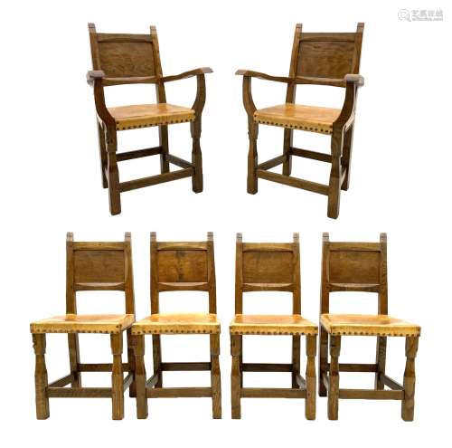 ‘Gnomeman’ set six adzed oak dining chairs
