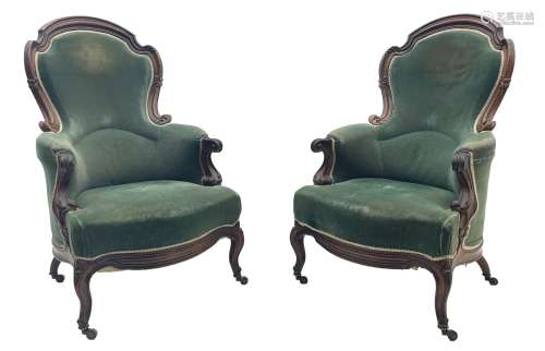 Set two Victorian rosewood drawing room armchairs
