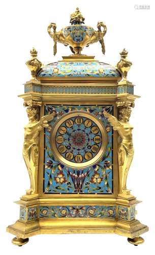19th century French ormolu and champlevé enamel mantel clock...