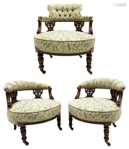 Edwardian walnut three piece drawing room salon suite - pair...