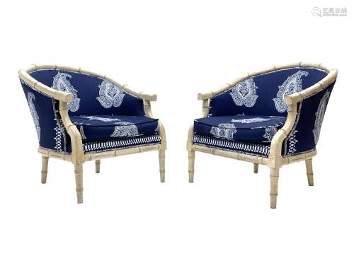 Pair contemporary tub shaped armchairs with faux bamboo wood...