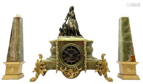 19th century green onyx and figural clock garniture