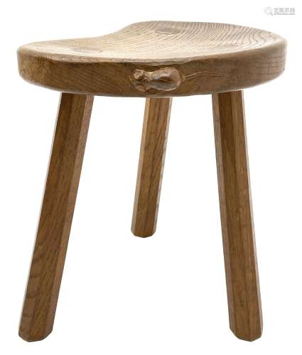 'Mouseman' oak three legged stool with dished kidney shaped ...