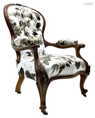 Victorian walnut framed open armchair