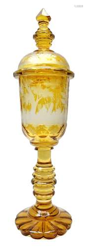 Large Bohemian amber flashed glass goblet and cover