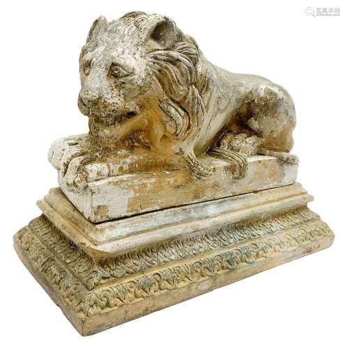Early 19th century terracotta model of a lion in recumbent p...
