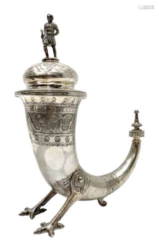 Late 19th century Danish silver drinking horn and cover