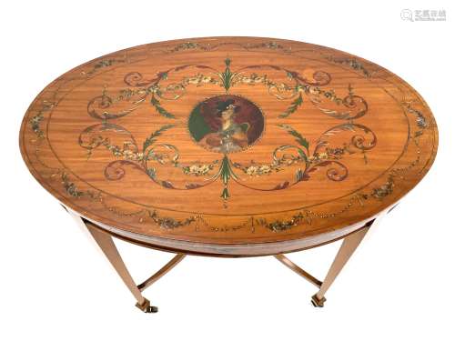 Edwardian Sheraton revival satinwood and painted centre tabl...