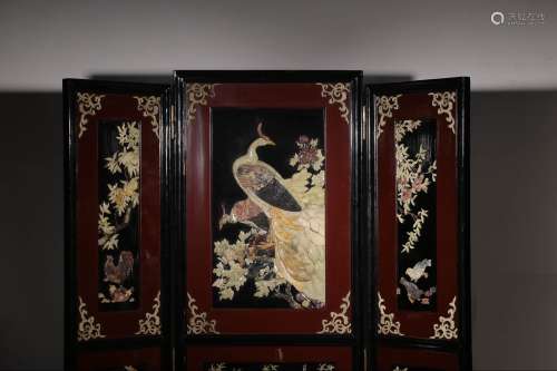 SHOUSHAN STONE INLAID ROSEWOOD FLOWER AND BIRDS SCREEN
