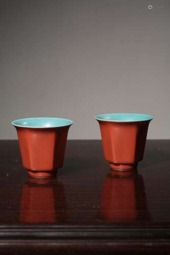PAIR OF CORAL RED GLAZE HEXAGONAL CUPS