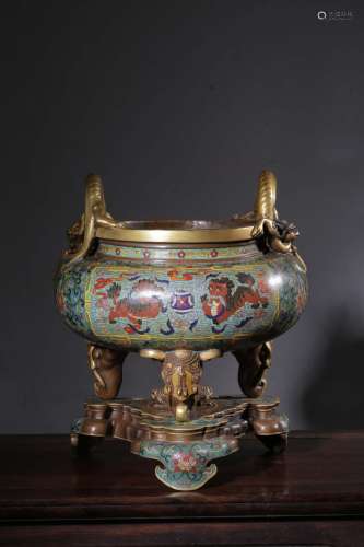 CLOISONNE ENAMEL INCENSE BURNER AND STAND, QING QIANLONG PER...