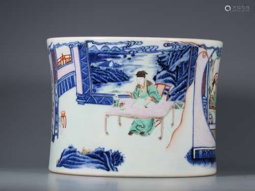 UNDERGLAZE BLUE AND FAMILLE ROSE SCHOLAR BRUSH POT, QING YON...