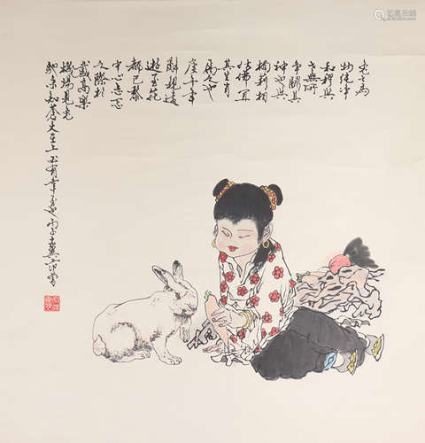 CHINESE RABBIT AND FIGURE PAINTING AND POEM CALLIGRAPHY