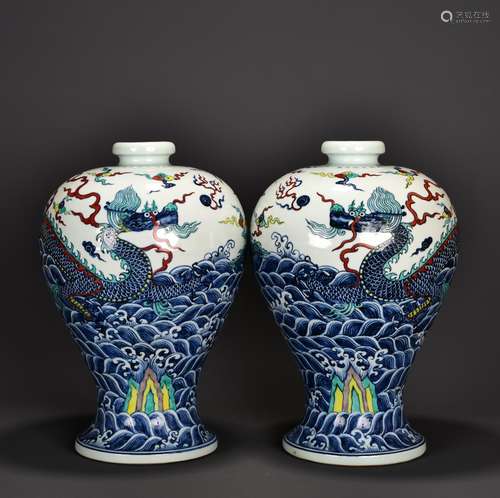 PAIR OF UNDERGLAZE BLUE AND COPPER RED GLAZE CHILONG MEIPING...