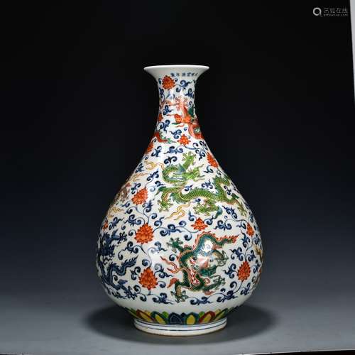 WUCAI DRAGON PEAR-SHAPED VASE, MING XUANDE PERIOD