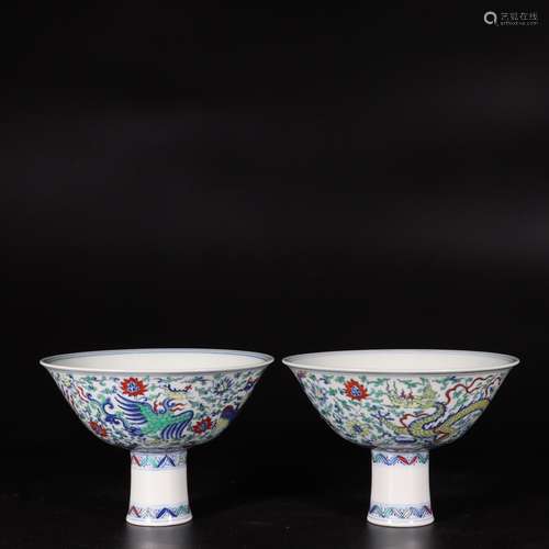 PAIR OF DOUCAI DRAGON AND PHOENIX STEM CUPS, MING CHENGHUA P...