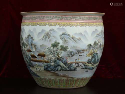 AN INSCRIBED FAMILLE ROSE LANDSCAPE JAR