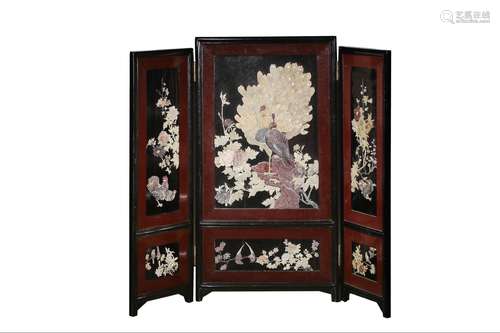 SHOUSHAN STONE INLAID ROSEWOOD FLOWER AND PEACOCK SCREEN