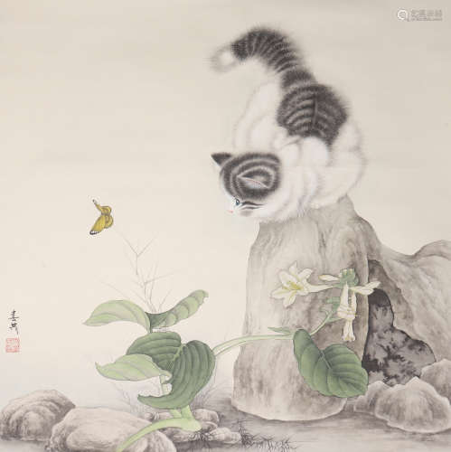 MI CHUNRONG, CHINESE CAT AND BUTTERFLY PAINTING