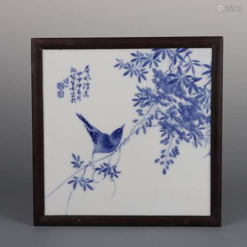 BLUE AND WHITE FLOWER AND BIRD HANGING PLAQUE