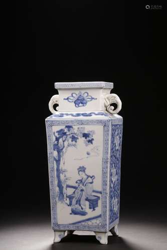 BLUE AND WHITE FIGURE SQUARE VASE