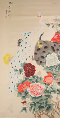 HUI SHOUPING, CHINESE PEACOCK AND FLOWER PAINTING