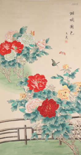 WEN YING, CHINESE PEONY AND BUTTERFLY PAINTING